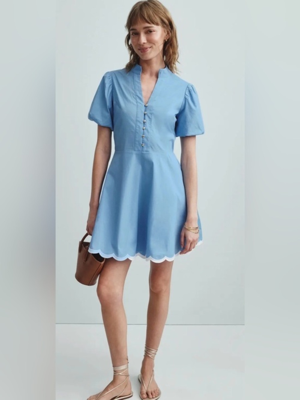 Sail to Sable/RTR Dress- M-Blue Puff Sleeve Gold Button -Cotton- MSRP $225